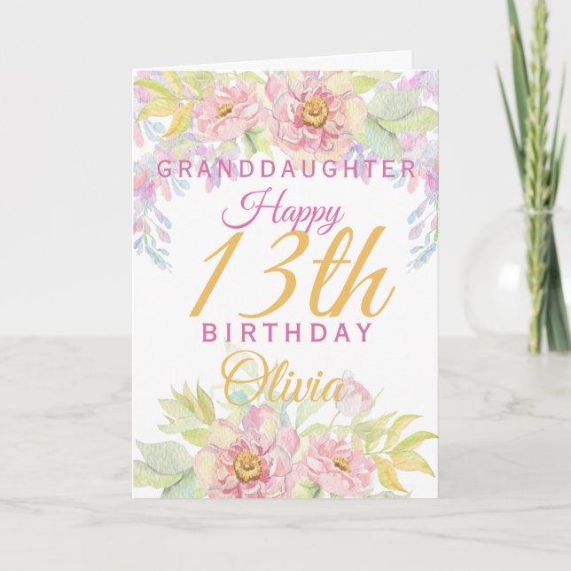 Granddaughter 13th Birthday Pink Rose Floral Card (Front)