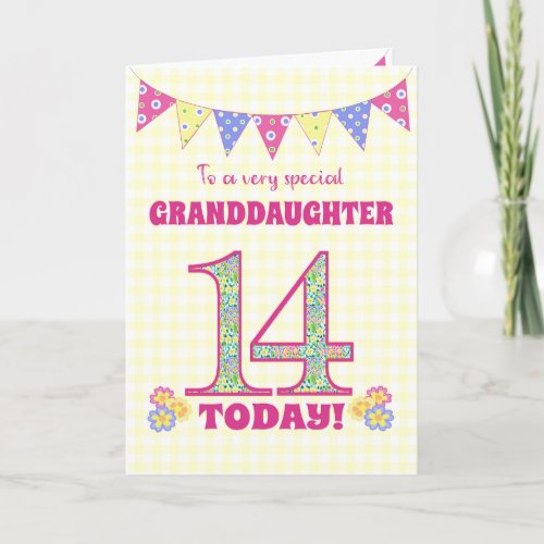 Granddaughter 14th Birthday Primroses Bunting Card