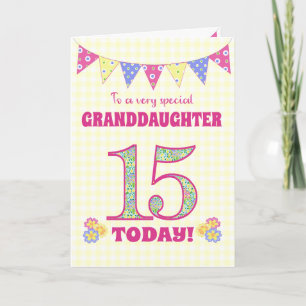 Granddaughter 15th Birthday Primroses Bunting Card
