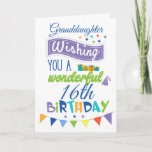 Granddaughter 16th Birthday Greetings Card<br><div class="desc">Wishing your granddaughter a wonderful birthday in style. This bright and colorful card is suitable for a wide range of ages - and the age number can be changed. Features cute typography in a mix of blue, purple and green colors. Small gifts, pennants and stars add to the birthday celebration....</div>
