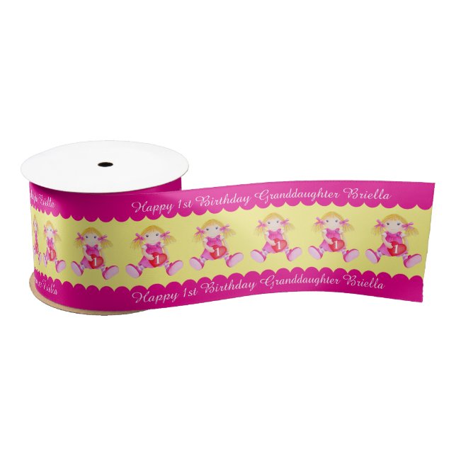 Granddaughter 1st birthday name dolly heart ribbon (Spool)
