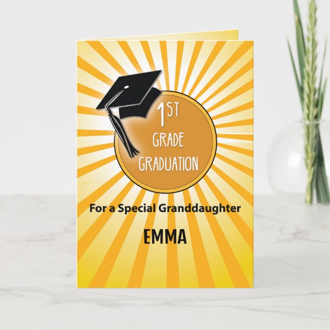 Granddaughter 1st Grade Graduation Hat on Sun Card (Front)
