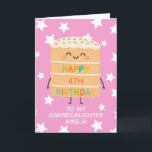 Granddaughter 4th Birthday Pink Cute Cake Custom Card<br><div class="desc">Celebrate your granddaughter's big day with this adorable 4th birthday card featuring a cute smiling cake character illustration, colorful sprinkles, and a cheerful “Happy Birthday” message. Set against a playful pink star background, this card is perfect for kids who love fun, silly, and sweet designs. Personalize it with the child’s...</div>