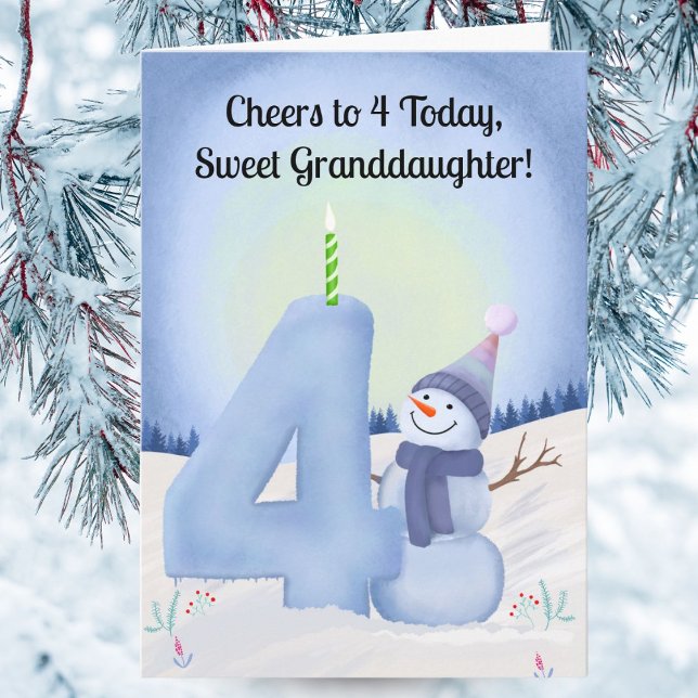 Granddaughter 4th Birthday Snowman with Snowy Four Card (Creator Uploaded)