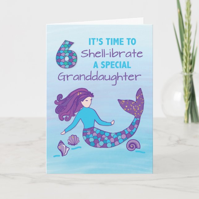 Granddaughter 6th Birthday Sparkly Look Mermaid Card (Front)