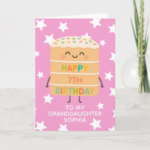 Granddaughter 7th Birthday Pink Cute Cake Custom Card