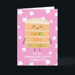 Granddaughter 8th Birthday Pink Cute Cake Custom Card<br><div class="desc">Celebrate your granddaughter's big day with this adorable 8th birthday card featuring a cute smiling cake character illustration, colorful sprinkles, and a cheerful “Happy Birthday” message. Set against a playful pink star background, this card is perfect for kids who love fun, silly, and sweet designs. Personalize it with the child’s...</div>