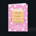 Granddaughter 9th Birthday Pink Cute Cake Custom Card<br><div class="desc">Celebrate your granddaughter's big day with this adorable 9th birthday card featuring a cute smiling cake character illustration, colorful sprinkles, and a cheerful “Happy Birthday” message. Set against a playful pink star background, this card is perfect for kids who love fun, silly, and sweet designs. Personalize it with the child’s...</div>