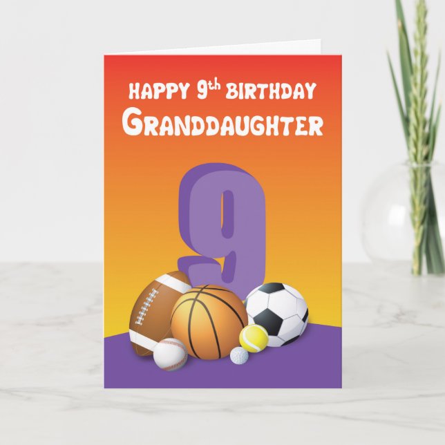 Granddaughter 9th Birthday Sports Balls Card (Front)