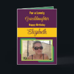 Granddaughter add name photo plum yellow birthday card<br><div class="desc">For a lovely granddaughter birthday card.
Personalize this Greetings Card with a photo and a name.
Designed in plum,  yellow and green.</div>