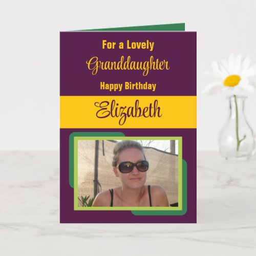 Granddaughter add name photo plum yellow birthday card