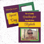 Granddaughter add name photo plum yellow birthday card<br><div class="desc">For a lovely granddaughter birthday card.
Personalize this Greetings Card with a photo and a name.
Designed in plum,  yellow and green.</div>