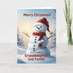 Granddaughter and Family Christmas Snowman  Holiday Card<br><div class="desc">A festive winter scene showing a cheerful snowman in a red hat and scarf. Wish your granddaughter and her family a merry Christmas with a lovely snowman card.</div>