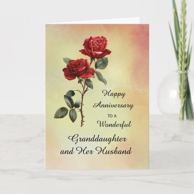 Granddaughter and Her Husband Anniversary Red Rose Card (Front)