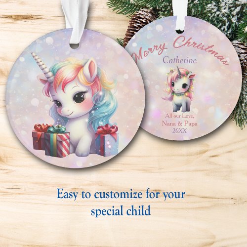Granddaughter Baby Unicorn with Christmas Gifts Ornament