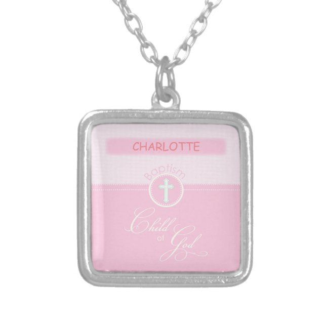 Granddaughter Baptism, Custom Name, Pink Child o Silver Plated Necklace (Front)