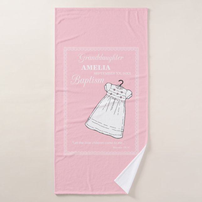 Granddaughter, Baptism Gown on Pink Personalized Bath Towel (Bath Towel)