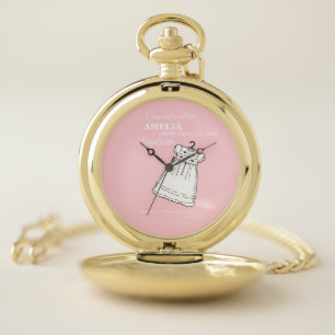 Granddaughter, Baptism Gown on Pink Personalized Pocket Watch