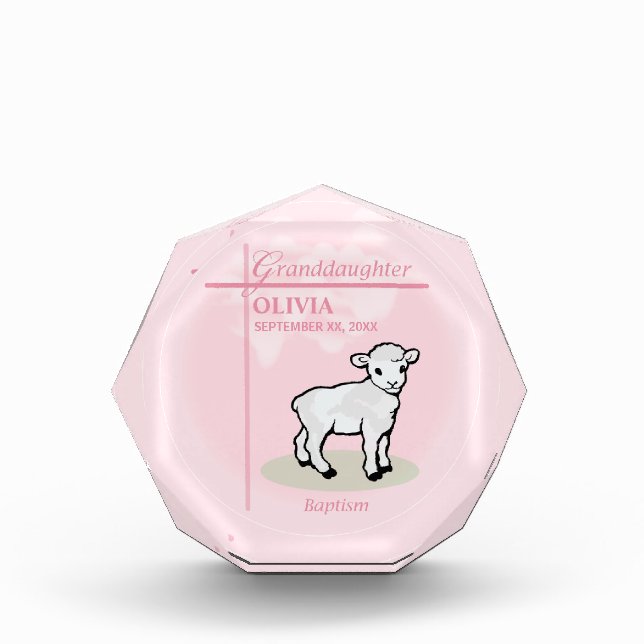 Granddaughter Baptism Pink Girl Lamb Name and Date Acrylic Award (Front)