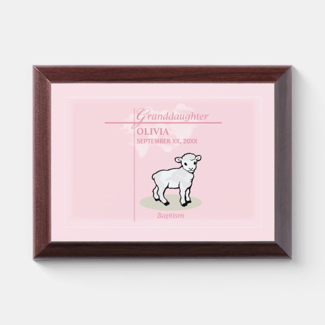 Granddaughter Baptism Pink Girl Lamb Name and Date Award Plaque (Horizontal)