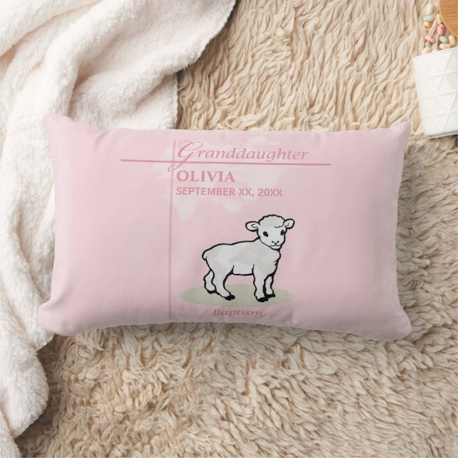 Granddaughter Baptism Pink Girl Lamb Name and Date Lumbar Pillow (Blanket)