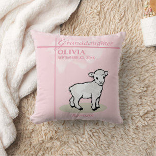 Granddaughter Baptism Pink Girl Lamb Name and Date Throw Pillow