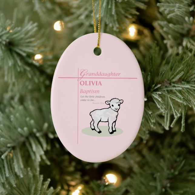 Granddaughter Baptism Pink Lamb Personalized Ceramic Ornament (Tree)
