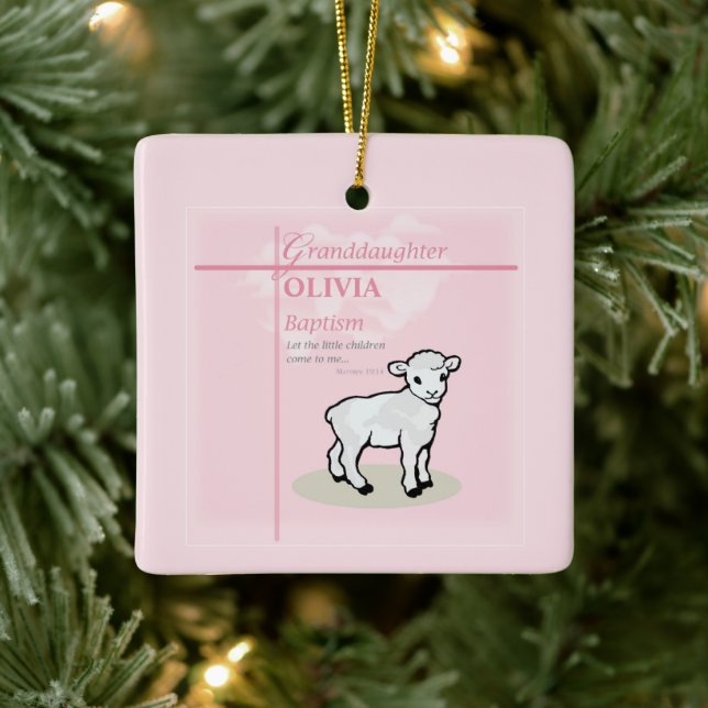 Granddaughter Baptism Pink Lamb Personalized Ceramic Ornament (Tree)