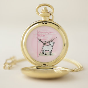 Granddaughter Baptism Pink Lamb Personalized Pocket Watch
