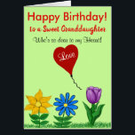 Granddaughter Birthday Love Floral Card<br><div class="desc">Pretty flowers in the garden green grass with golden yellow sunflower, blue yellow daisy and purple tulip with green leaves. Love is written on red heart flying balloon against light green background. Personalize for anyone in place of sample Granddaughter text on front. Inside left of card has larger image of...</div>