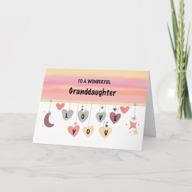 Granddaughter Birthday Love Watercolor Hearts Moon Card (Front)