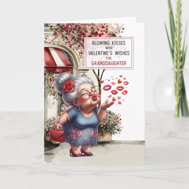 Granddaughter Blowing Kisses Valentine's Wishes  Holiday Card (Front)