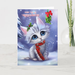 Granddaughter Christmas Holiday Cute Cat Mistletoe Card