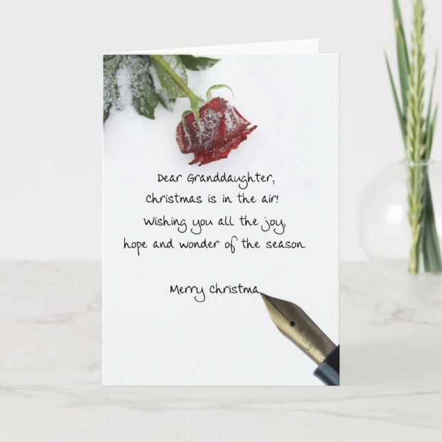 Granddaughter christmas letter on snow rose paper holiday card (Front)