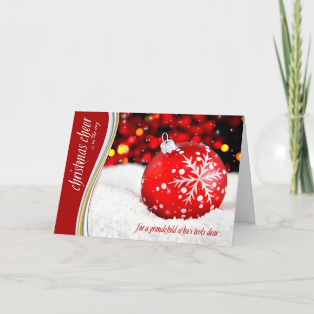 Granddaughter Christmas Red Snowflake Ornament Holiday Card (Front)