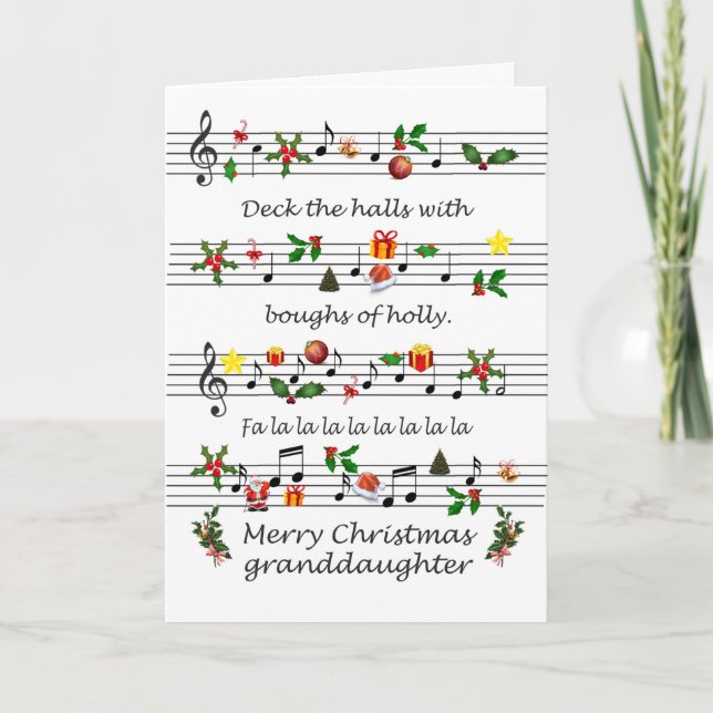 Granddaughter Christmas Sheet Music Deck The Halls Holiday Card (Front)