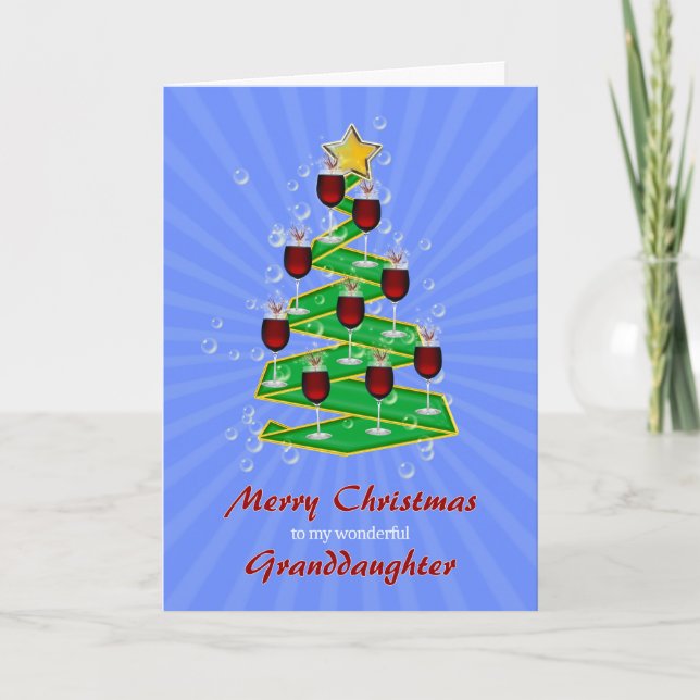 Granddaughter, Christmas Tree with Wine Holiday Card (Front)