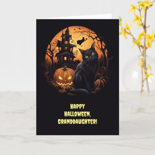 Granddaughter Cute Happy Halloween Cat and House Card