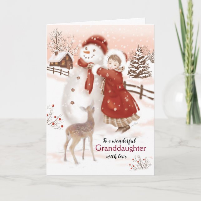 Granddaughter, Deer watches Girl make Snowman Holiday Card (Front)