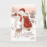 Granddaughter, Deer watches Girl make Snowman Holiday Card<br><div class="desc">On this vintage style Christmas card for Granddaughter, I've painted a sweet little girl tying a red scarf around the neck of a large snowman. A cute baby deer looks on. The girl is wearing a long dress under a heavy red coat with a white fur effect trimming on the...</div>