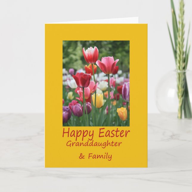 Granddaughter + Family Happy Easter Tulip card (Front)