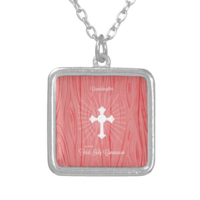 Granddaughter First Communion Cross and Rays Silver Plated Necklace (Front)