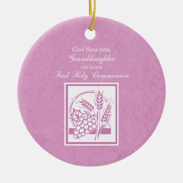 Granddaughter First Communion, Pink Ceramic Ornament (Front)
