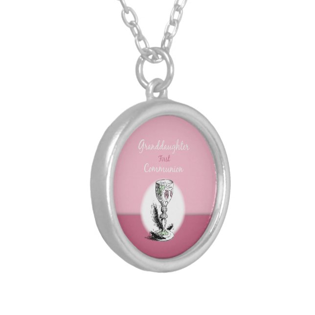 Granddaughter First Communion Pink, Chalice Silver Plated Necklace (Front Left)