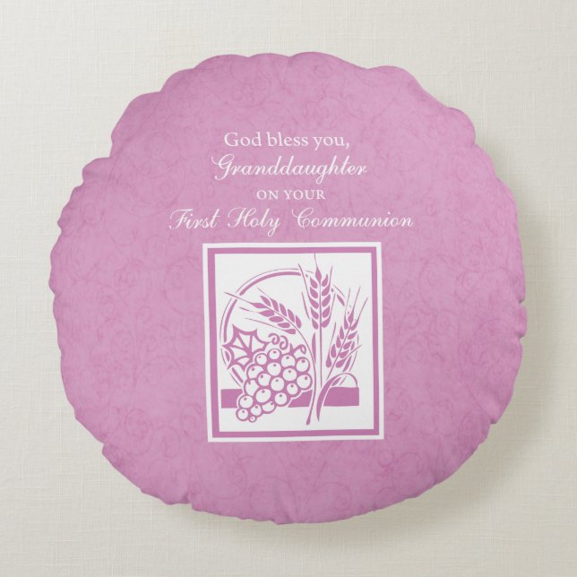 Granddaughter First Communion, Pink Round Pillow (Front)