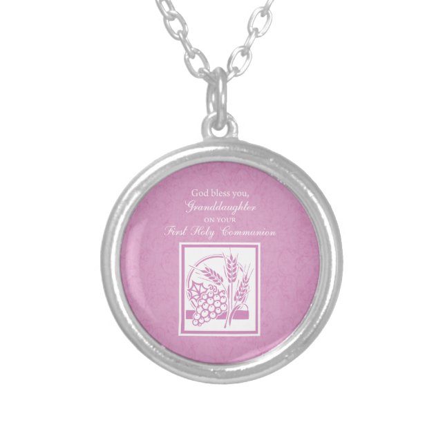 Granddaughter First Communion, Pink Silver Plated Necklace (Front)