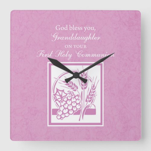 Granddaughter First Communion Pink Square Wall Clock