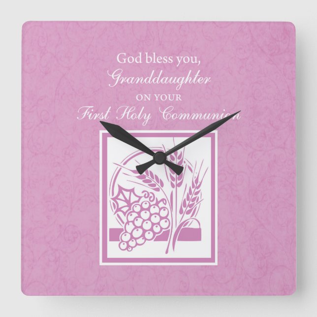 Granddaughter First Communion, Pink Square Wall Clock (Front)