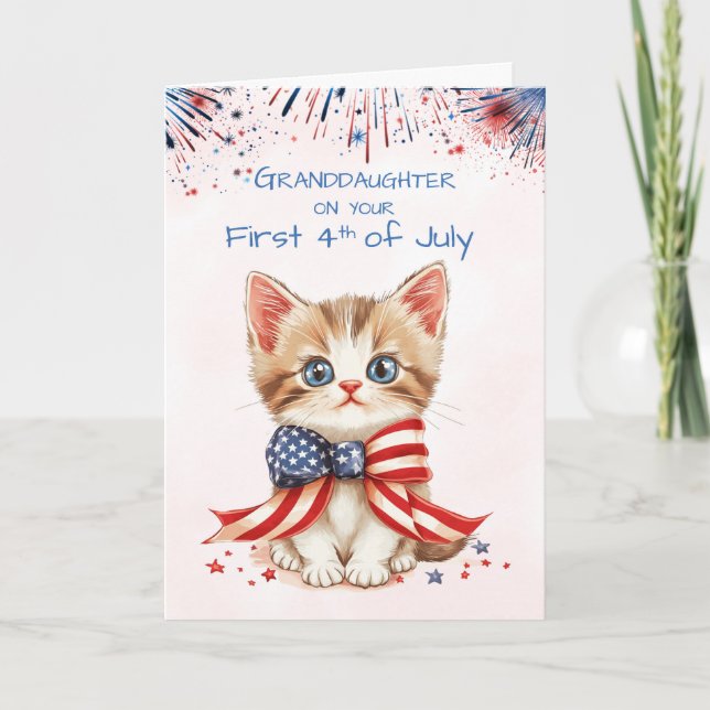 Granddaughter First Fourth of July Kitten Flag Bow Card (Front)