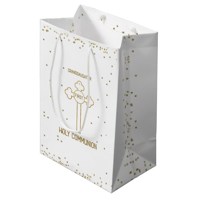 Granddaughter First Holy Communion Gold Look Cross Medium Gift Bag (Front Angled)